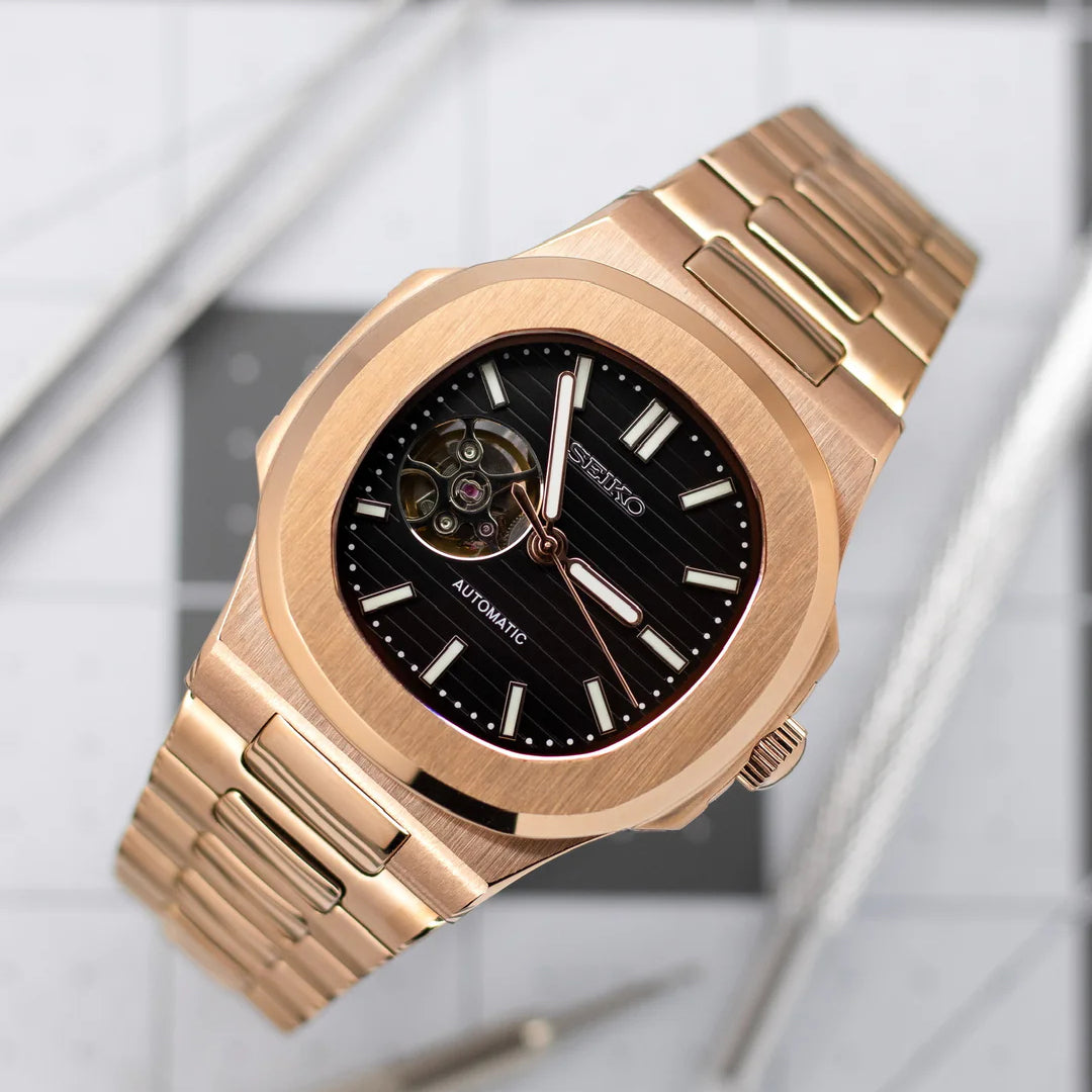 Seiko Mod Nautilus Black Rose Gold NH35 Automático