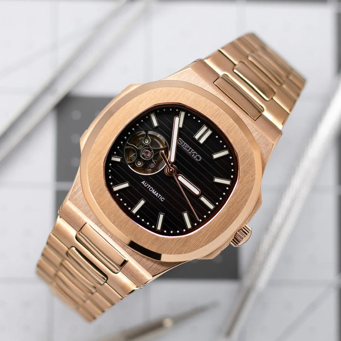 Seiko Mod Nautilus Black Rose Gold NH35 Automatic