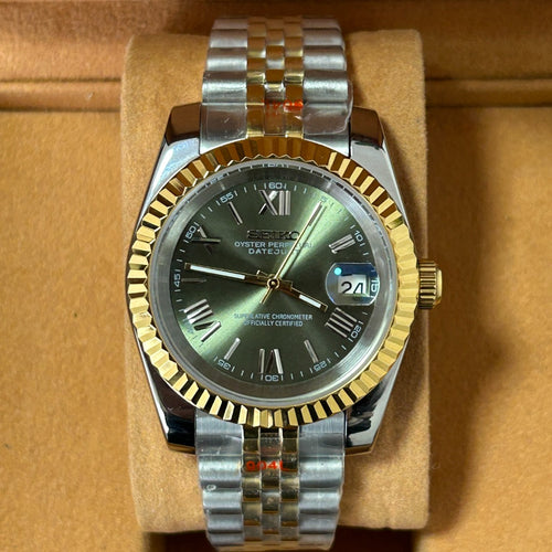 Seiko Mod Datejust Two Tone Roman Olive Green NH35 Automático