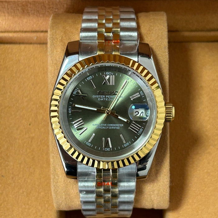 Seiko Mod Datejust Two Tone Roman Olive Green NH35 Automatic