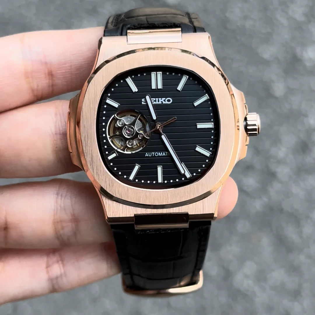 Seiko Mod Nautilus Black Rose Gold NH38 Automático