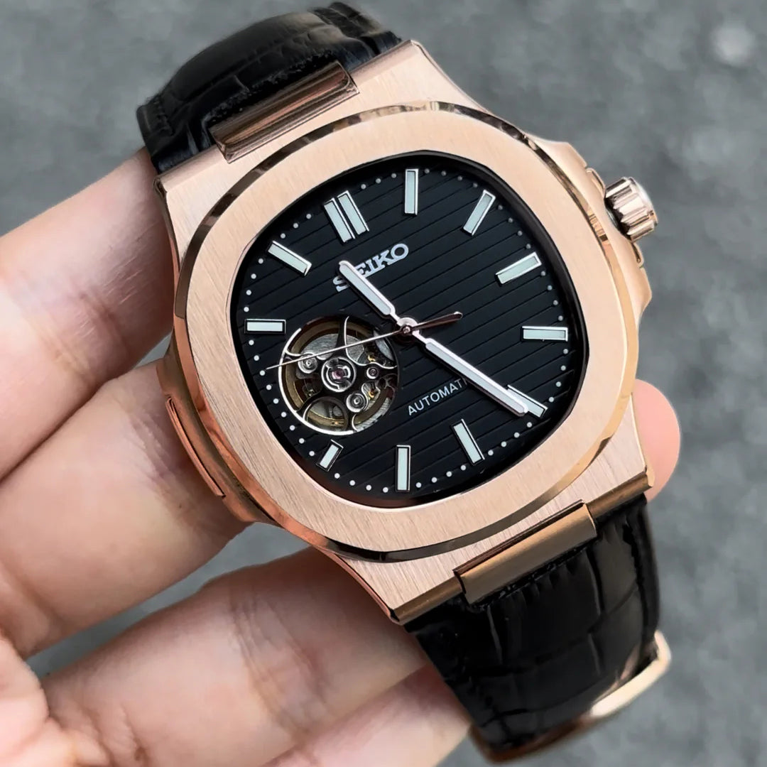 Seiko Mod Nautilus Black Rose Gold NH38 Automático