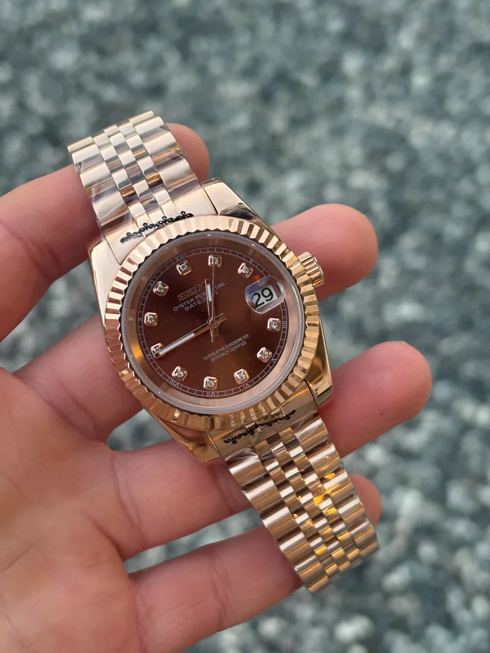 Seiko Mod Datejust Rose Gold Chocolate Crystals NH35 Automático