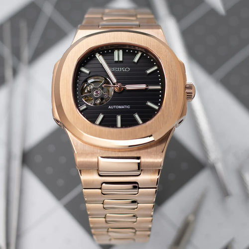 Seiko Mod Nautilus Black Rose Gold NH35 Automático