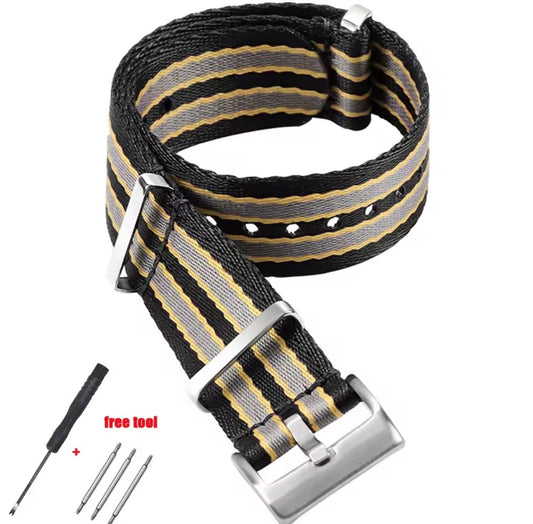 Brazalete Seamaster 007 estilo NATO negro gris y amarillo